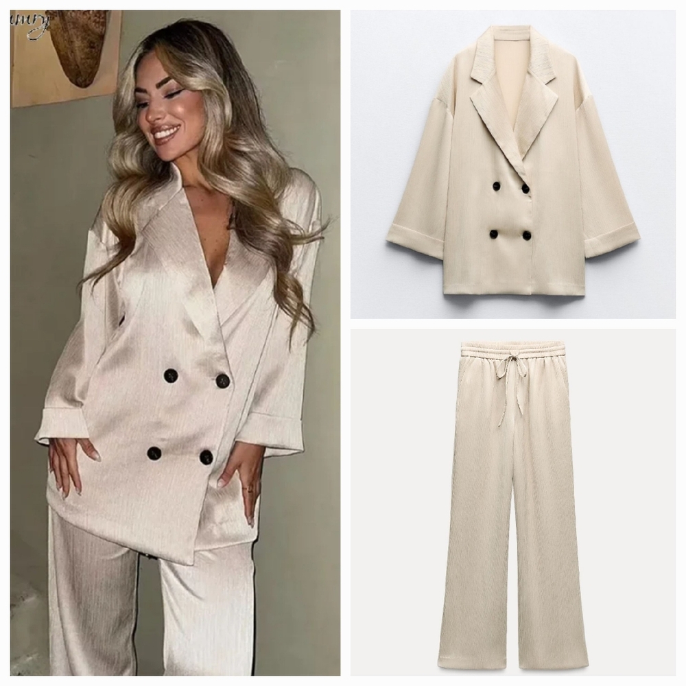 Zara Set 2 pc Wrinkle Satin Effect Blazer and Pants Size M/S